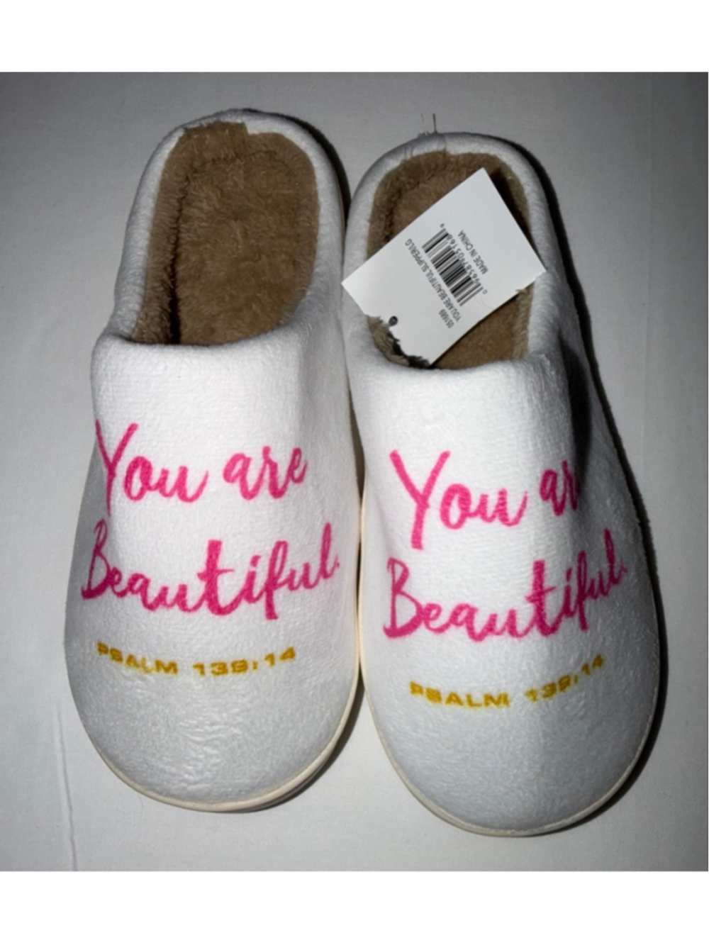 Women White Pink Slipper "You are Beautiful" Size 9-10 L Inspirational Cozy Soft